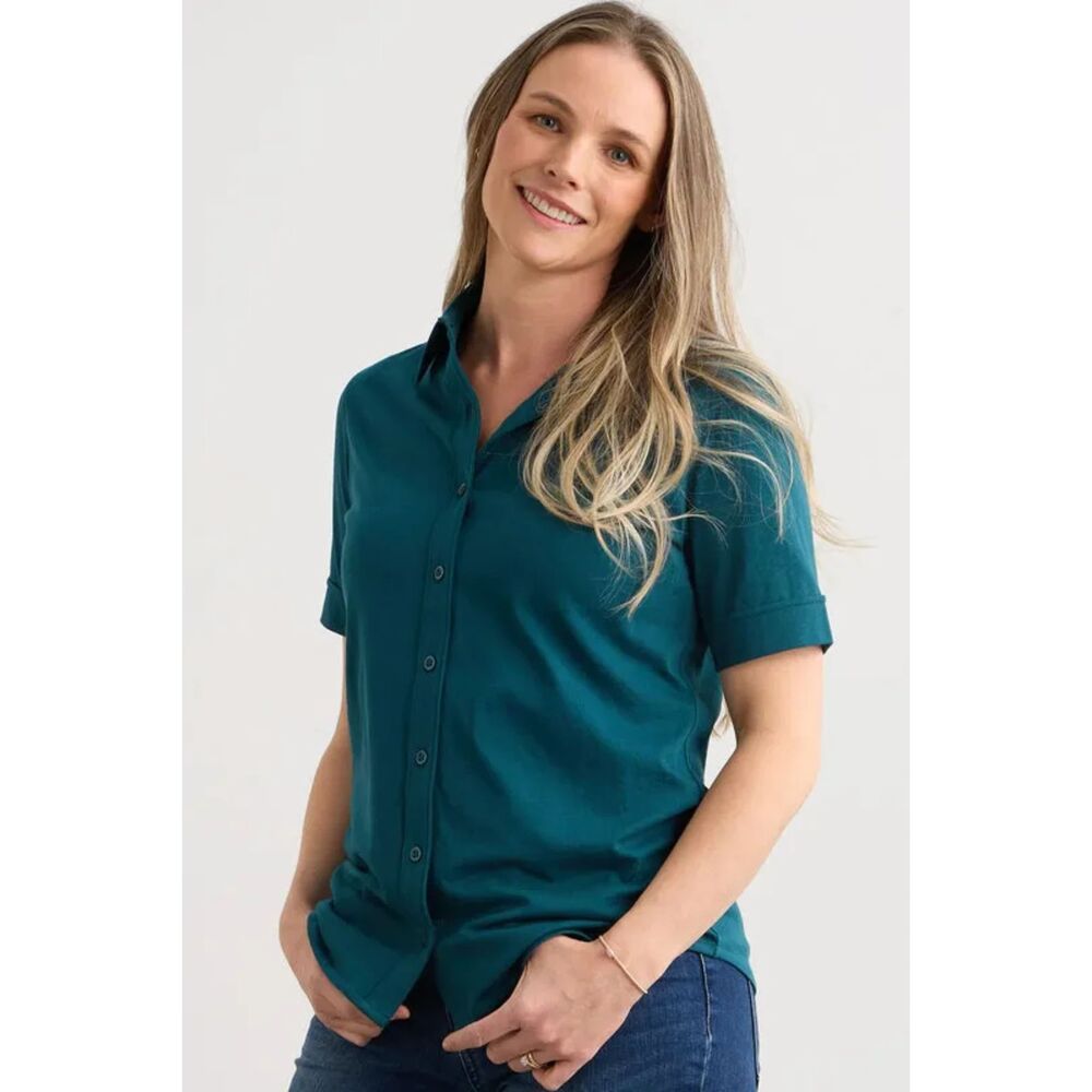 Fair Indigo Teal 100% Organic Cotton Short Sleeve Knit Button Down Shirt M